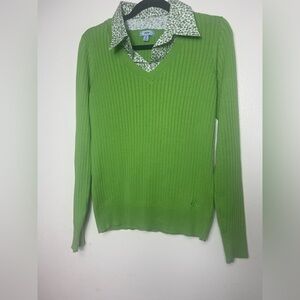 IZOD Womens Preppy Cable Knit Sweater Size  M V-neck Academia Tennis Kelly Green